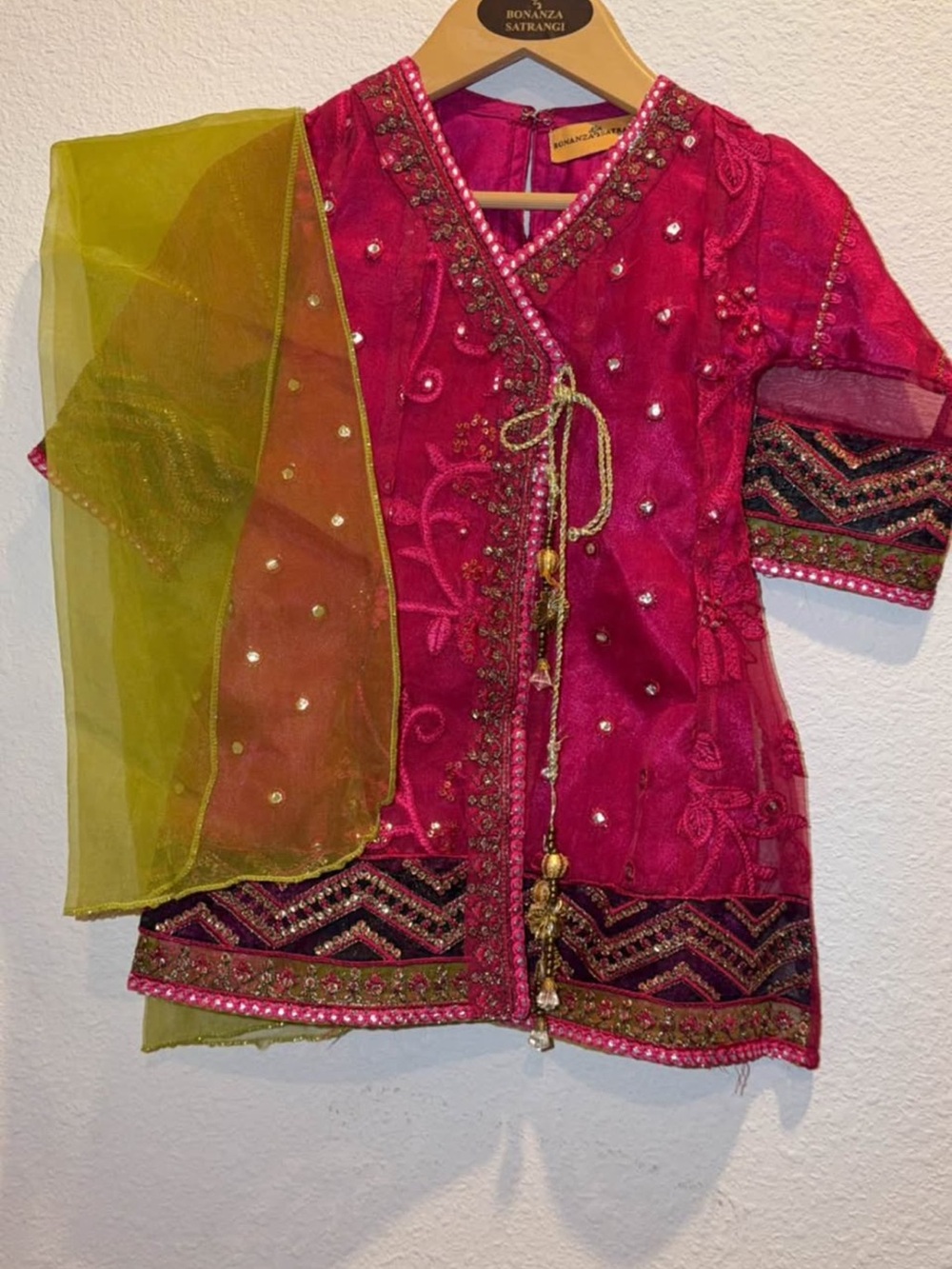 Bonanza Satrangi Girls' Pink Embroidered Formal Dress with Green Dupatta